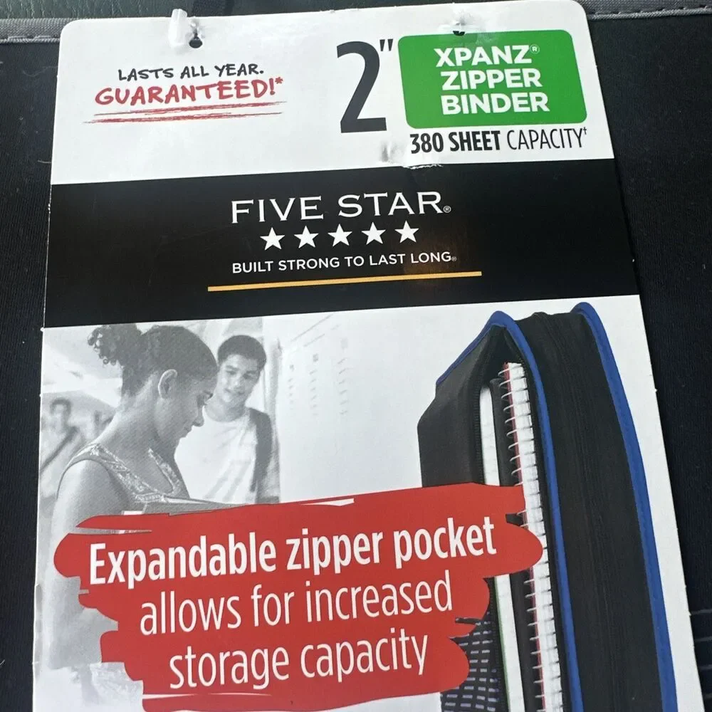 Five Star 3 Ring Binder with Zipper Closure Black with Grey Stripes New